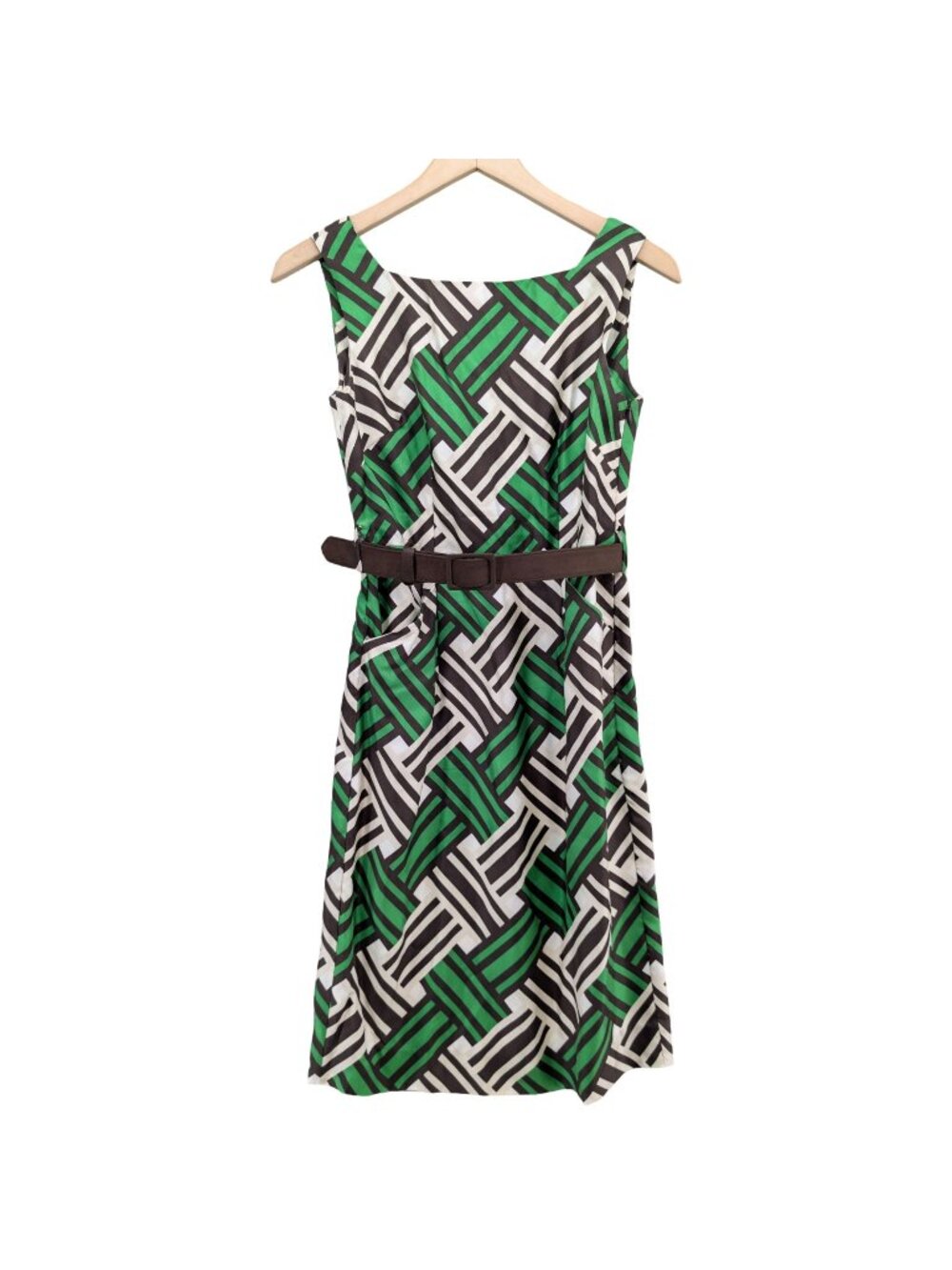 Milly Silk Sheath Dress Green Black Geometric Belted Sleeveless Lined Size 0